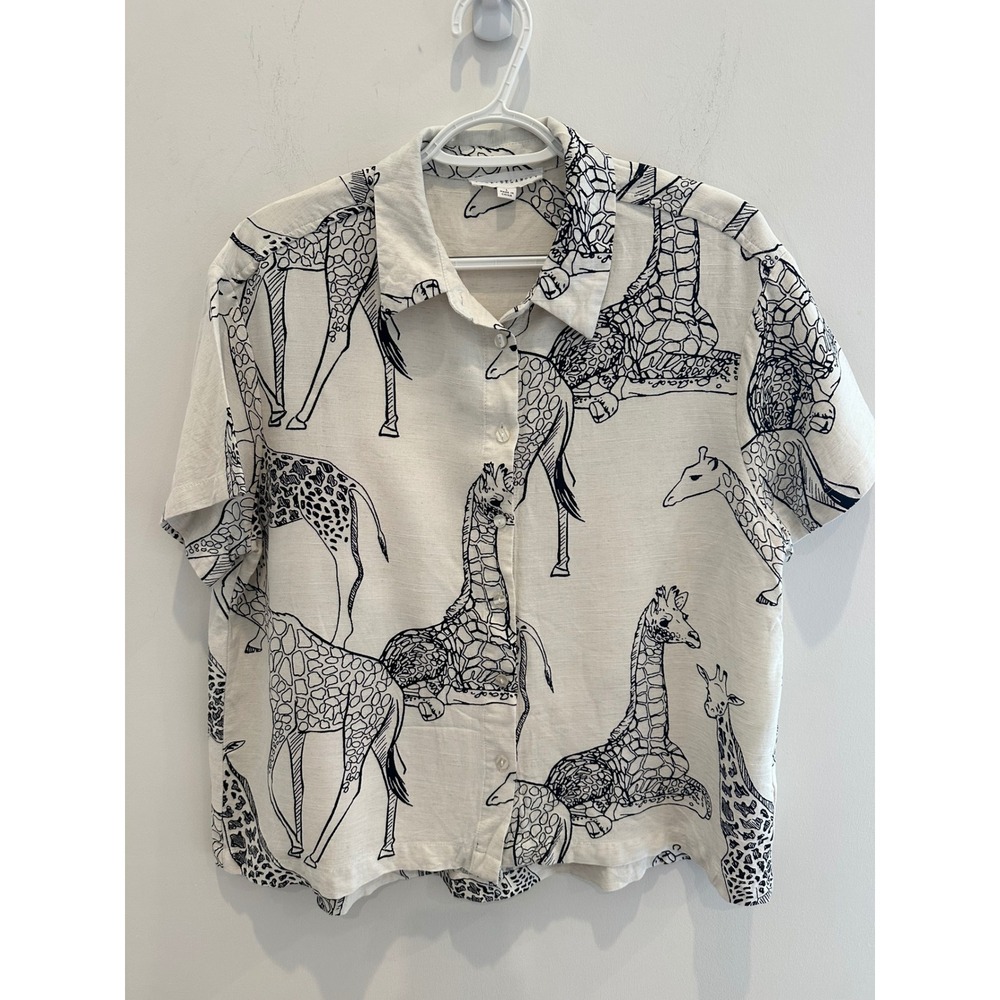 Jane + Delancey Giraffe Print Linen Blend Button Down Shirt Cream Black Large